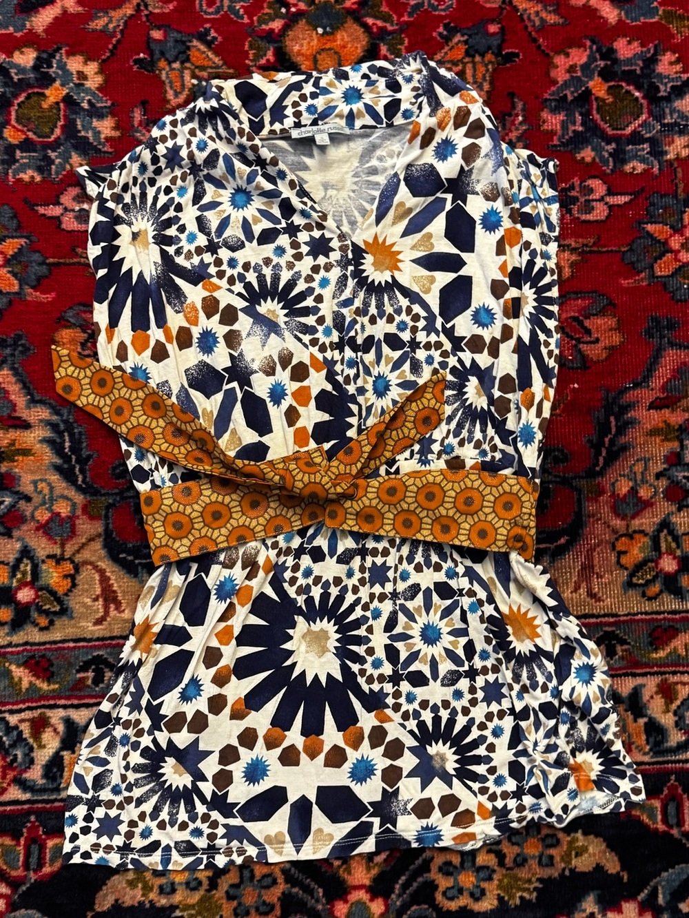 Charlotte Russe Navy, Blue & Brown Geometric Print Top